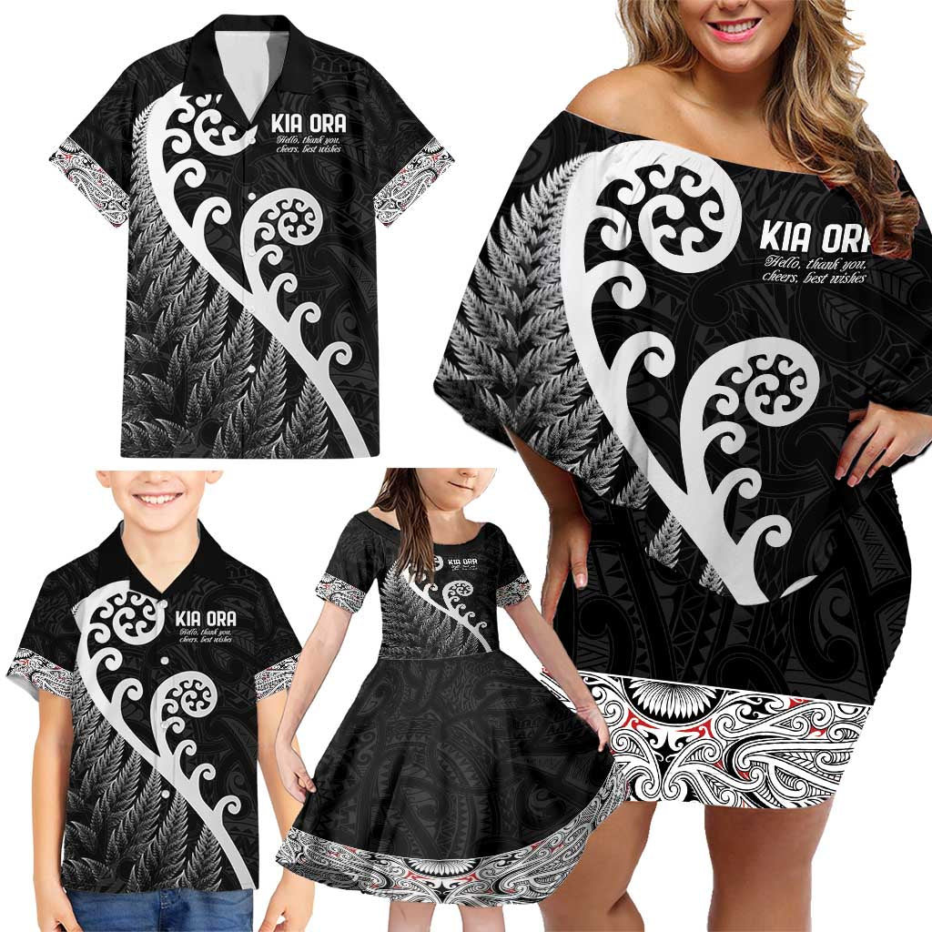 Kia Ora Maori Language Family Matching Off Shoulder Short Dress and Hawaiian Shirt Te Reo Maori Koru Fern Art