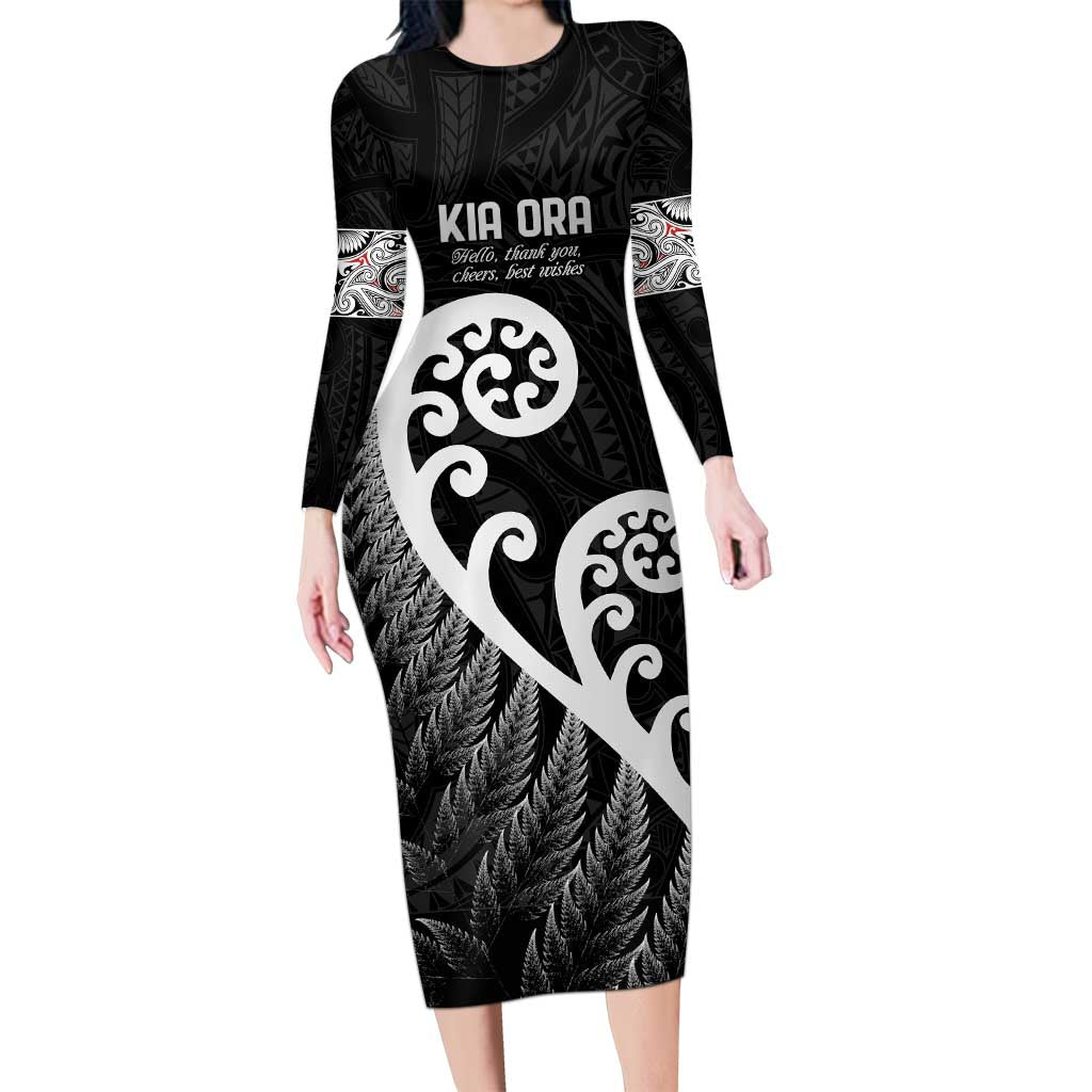 Kia Ora Maori Language Long Sleeve Bodycon Dress Te Reo Maori Koru Fern Art