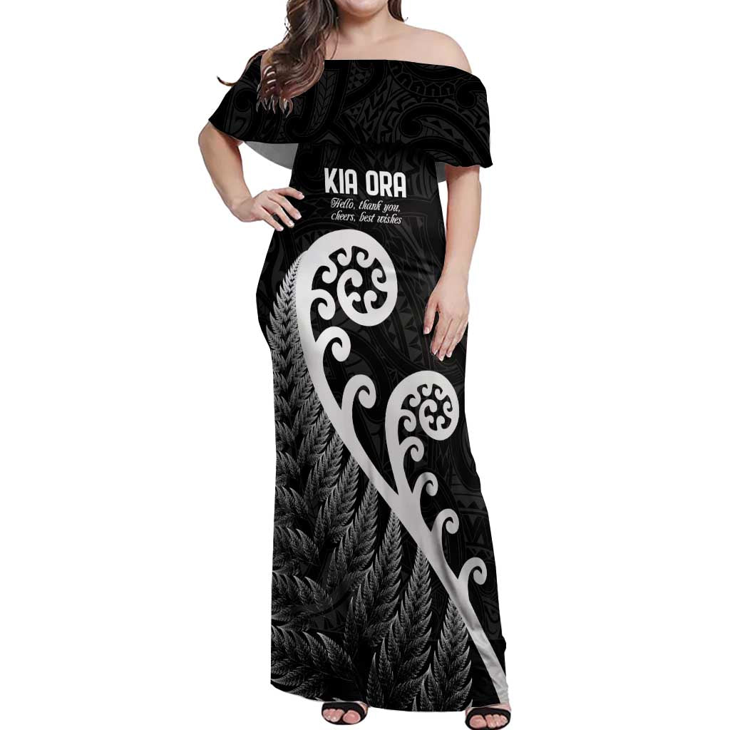 Kia Ora Maori Language Off Shoulder Maxi Dress Te Reo Maori Koru Fern Art LT9 Women Black - Polynesian Pride