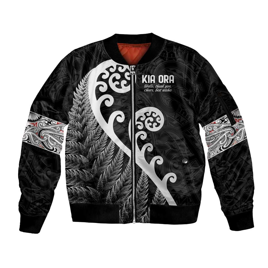 Kia Ora Maori Language Sleeve Zip Bomber Jacket Te Reo Maori Koru Fern Art LT9 Unisex Black - Polynesian Pride