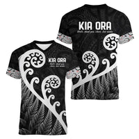 Kia Ora Maori Language Women V-Neck T-Shirt Te Reo Maori Koru Fern Art