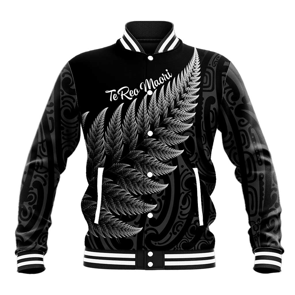 New Zealand Te Reo Mori Baseball Jacket Simple Black Fern LT9 Unisex Black - Polynesian Pride