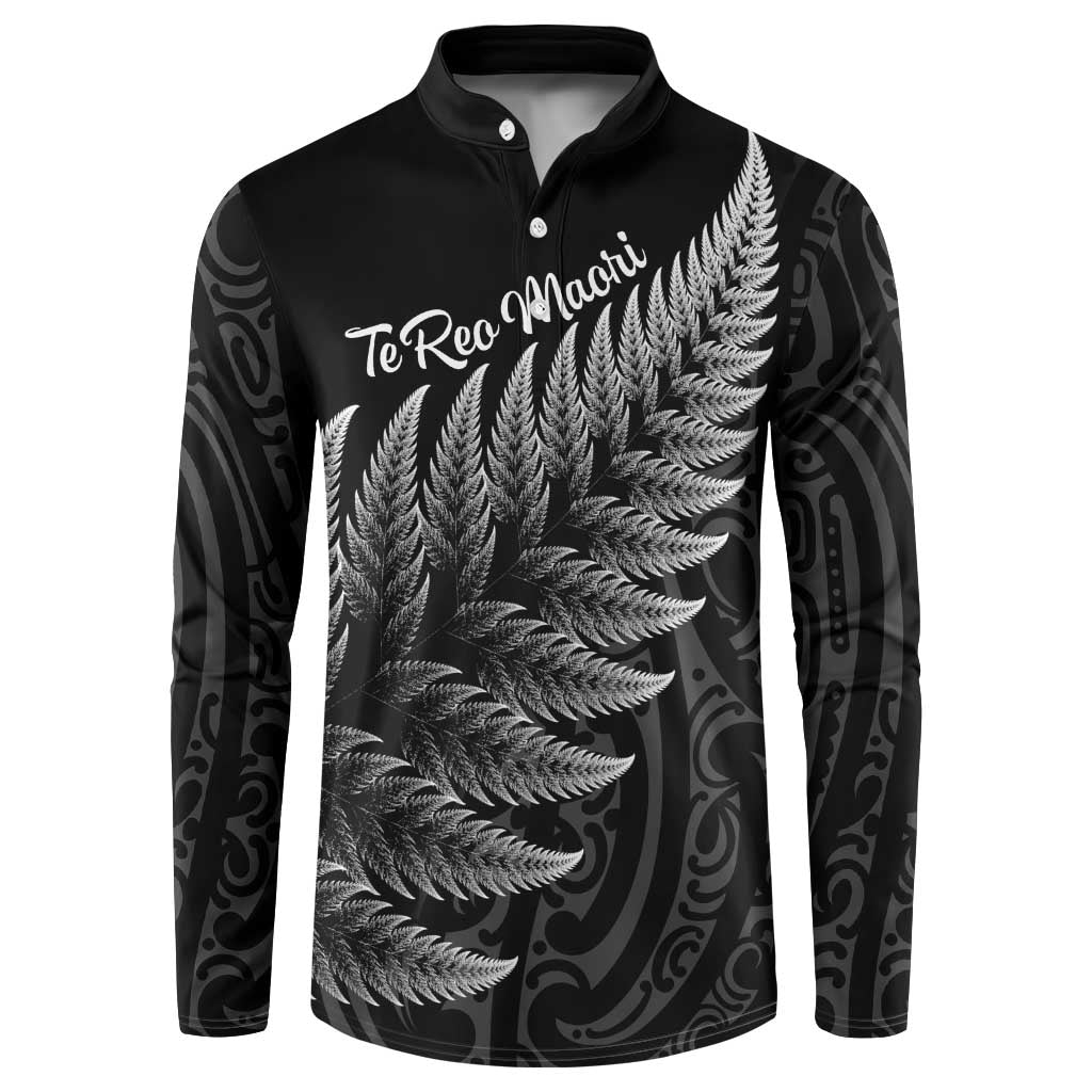 New Zealand Te Reo Mori Button Sweatshirt Simple Black Fern LT9 Black - Polynesian Pride
