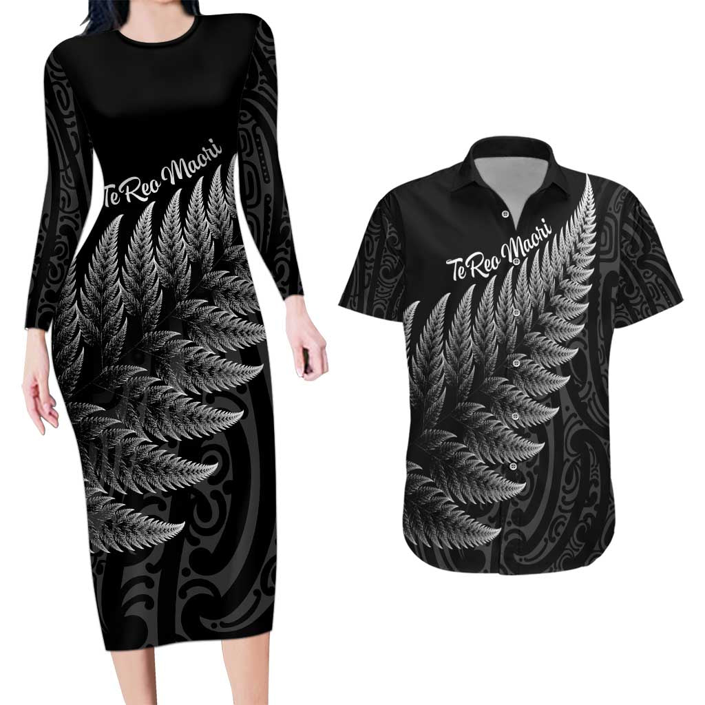 New Zealand Te Reo Mori Couples Matching Long Sleeve Bodycon Dress and Hawaiian Shirt Simple Black Fern LT9 Black - Polynesian Pride
