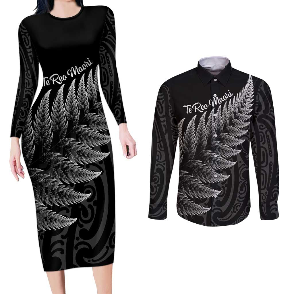 New Zealand Te Reo Mori Couples Matching Long Sleeve Bodycon Dress and Long Sleeve Button Shirt Simple Black Fern LT9 Black - Polynesian Pride