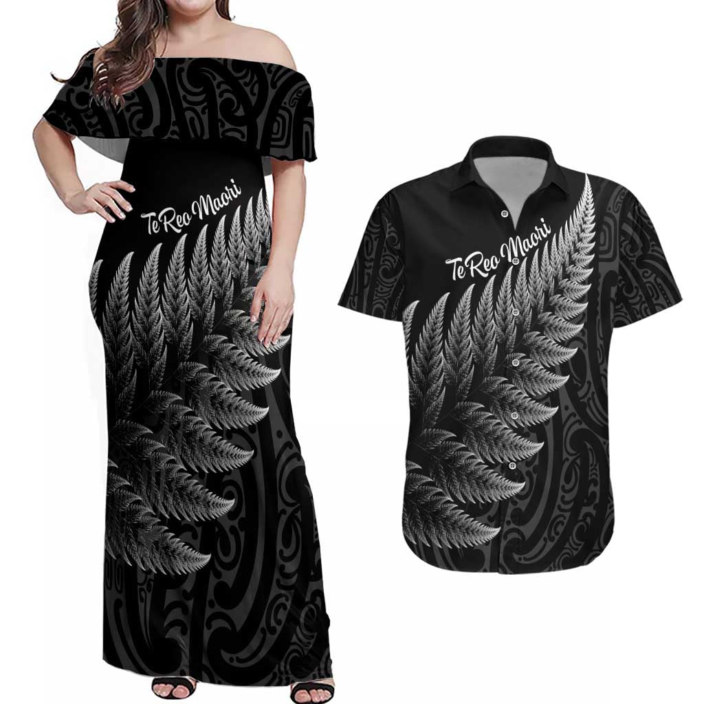 New Zealand Te Reo Māori Couples Matching Off Shoulder Maxi Dress and Hawaiian Shirt Simple Black Fern