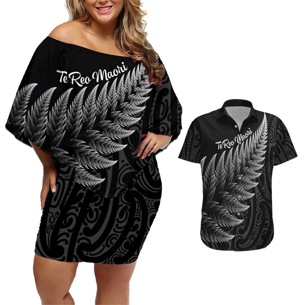 New Zealand Te Reo Mori Couples Matching Off Shoulder Short Dress and Hawaiian Shirt Simple Black Fern LT9 Black - Polynesian Pride