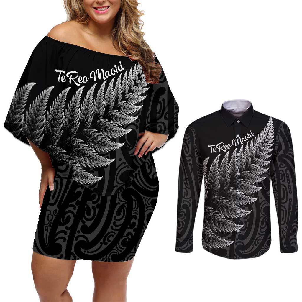 New Zealand Te Reo Mori Couples Matching Off Shoulder Short Dress and Long Sleeve Button Shirt Simple Black Fern LT9 Black - Polynesian Pride