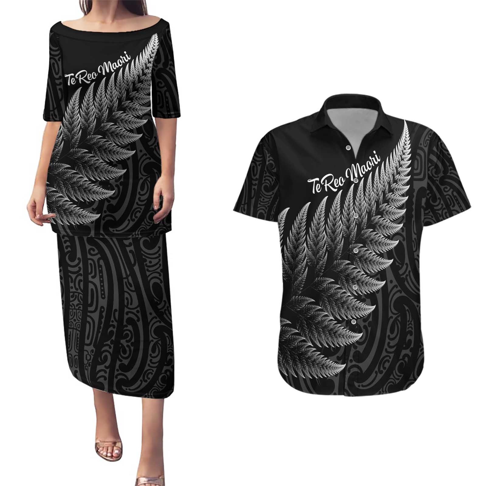 New Zealand Te Reo Mori Couples Matching Puletasi and Hawaiian Shirt Simple Black Fern LT9 Black - Polynesian Pride