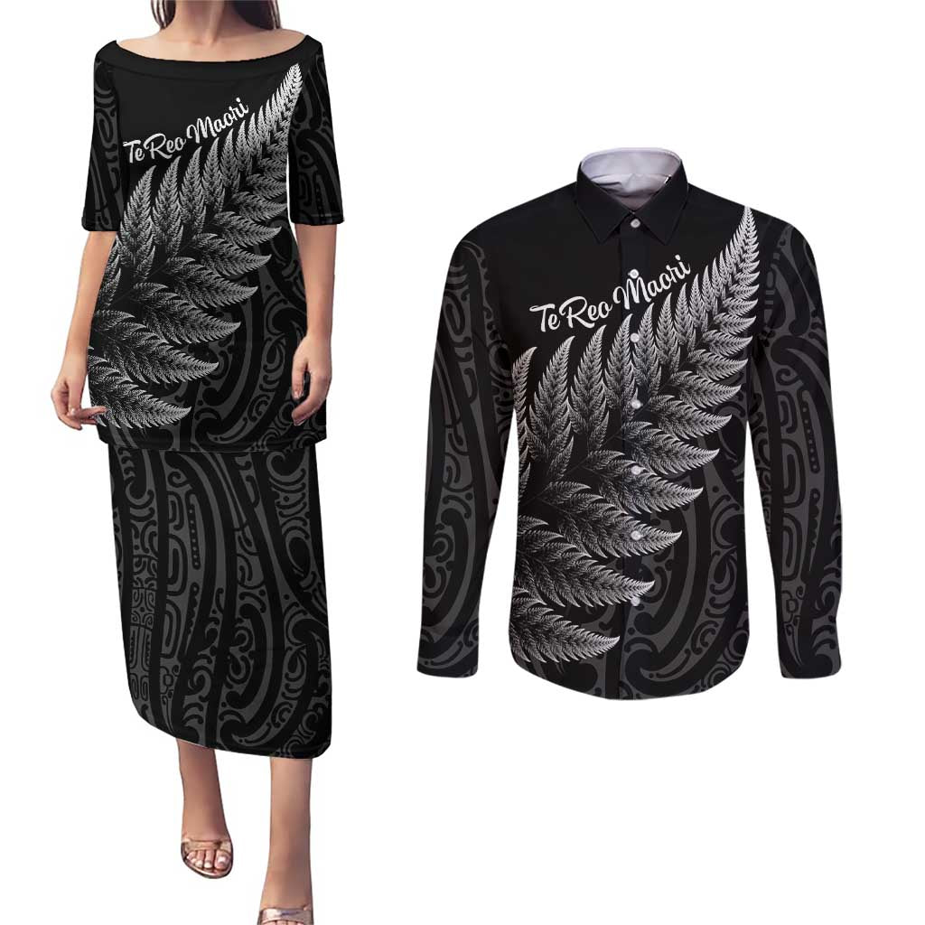 New Zealand Te Reo Mori Couples Matching Puletasi and Long Sleeve Button Shirt Simple Black Fern LT9 Black - Polynesian Pride