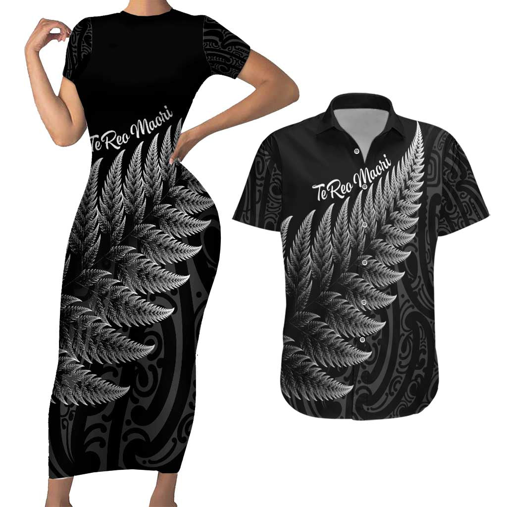 New Zealand Te Reo Mori Couples Matching Short Sleeve Bodycon Dress and Hawaiian Shirt Simple Black Fern LT9 Black - Polynesian Pride