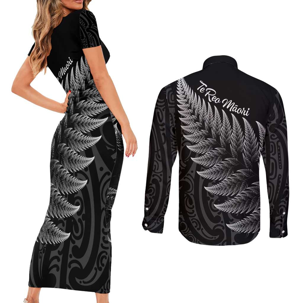 New Zealand Te Reo Māori Couples Matching Short Sleeve Bodycon Dress and Long Sleeve Button Shirt Simple Black Fern