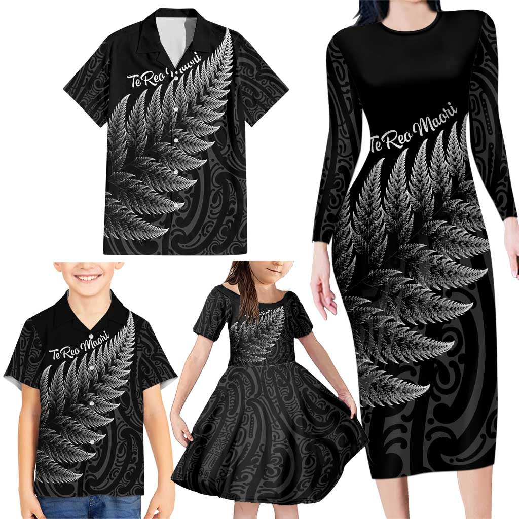 New Zealand Te Reo Māori Family Matching Long Sleeve Bodycon Dress and Hawaiian Shirt Simple Black Fern