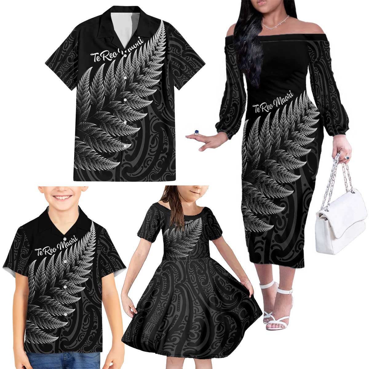 New Zealand Te Reo Mori Family Matching Off The Shoulder Long Sleeve Dress and Hawaiian Shirt Simple Black Fern LT9 - Polynesian Pride
