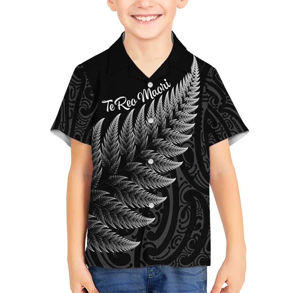 New Zealand Te Reo Māori Kid Hawaiian Shirt Simple Black Fern