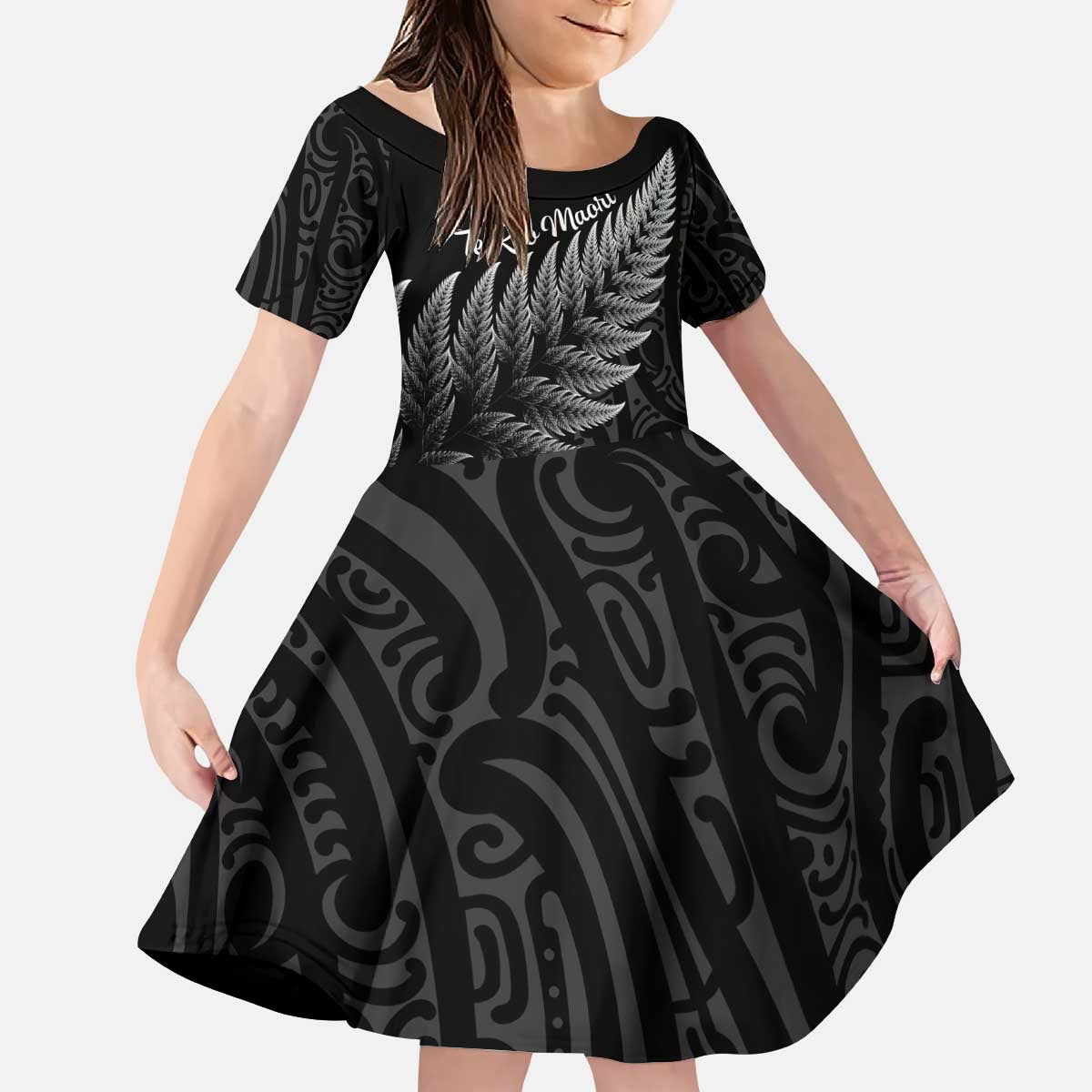 New Zealand Te Reo Māori Kid Short Sleeve Dress Simple Black Fern