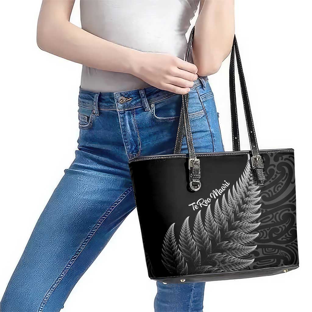 New Zealand Te Reo Mori Leather Tote Bag Simple Black Fern LT9 - Polynesian Pride