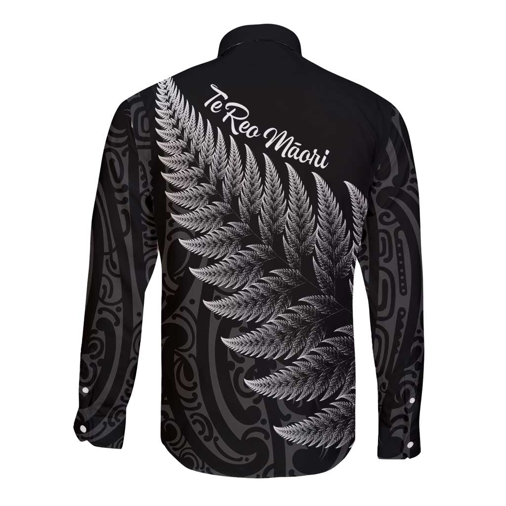 New Zealand Te Reo Māori Long Sleeve Button Shirt Simple Black Fern