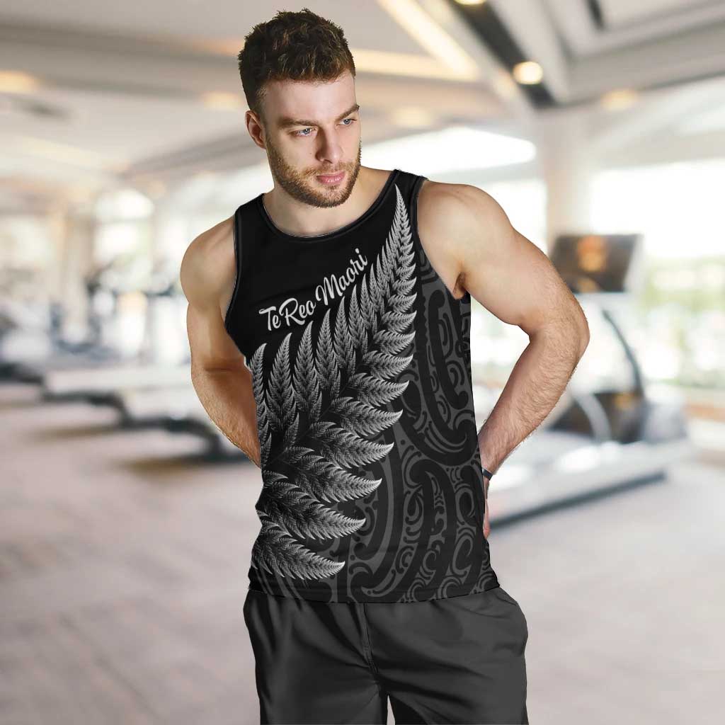 New Zealand Te Reo Mori Men Tank Top Simple Black Fern LT9 Black - Polynesian Pride