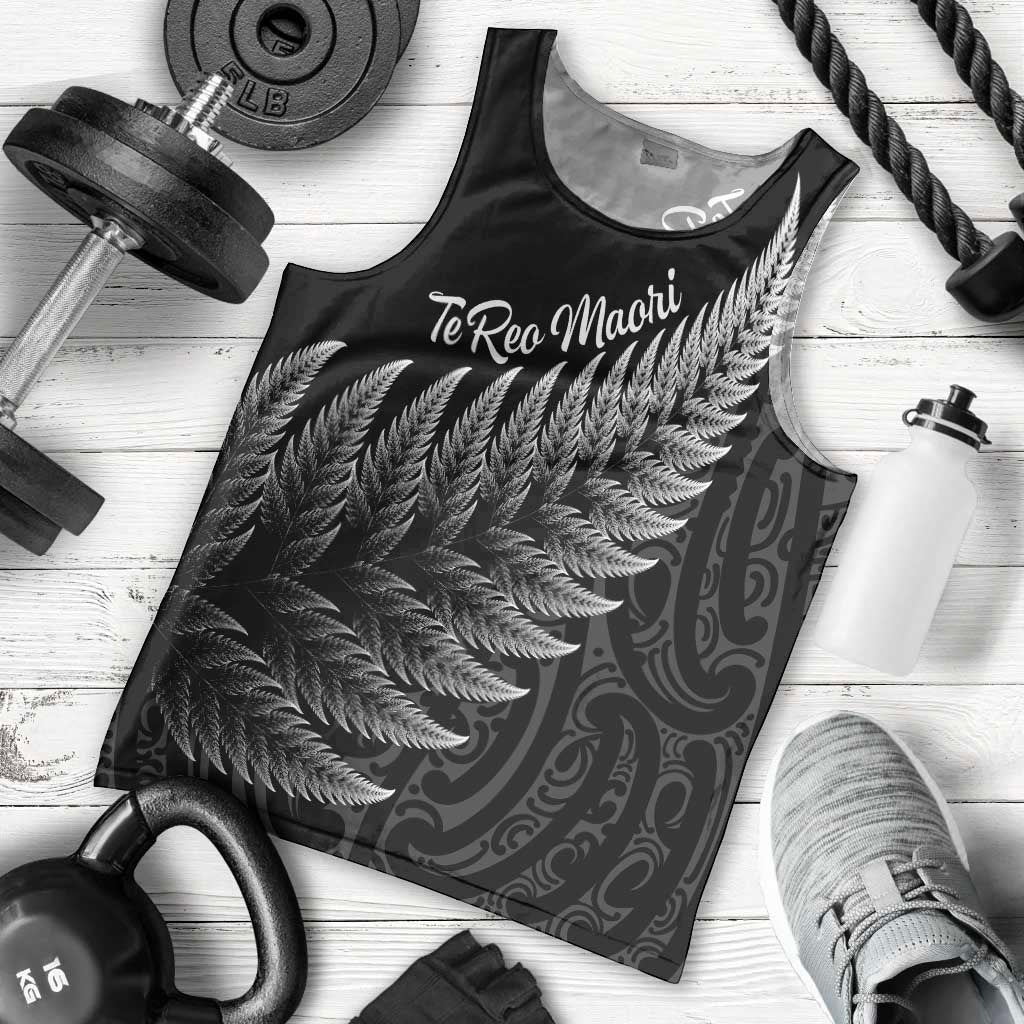 New Zealand Te Reo Mori Men Tank Top Simple Black Fern LT9 - Polynesian Pride