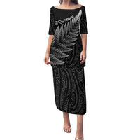 New Zealand Te Reo Mori Puletasi Simple Black Fern LT9 Long Dress Black - Polynesian Pride