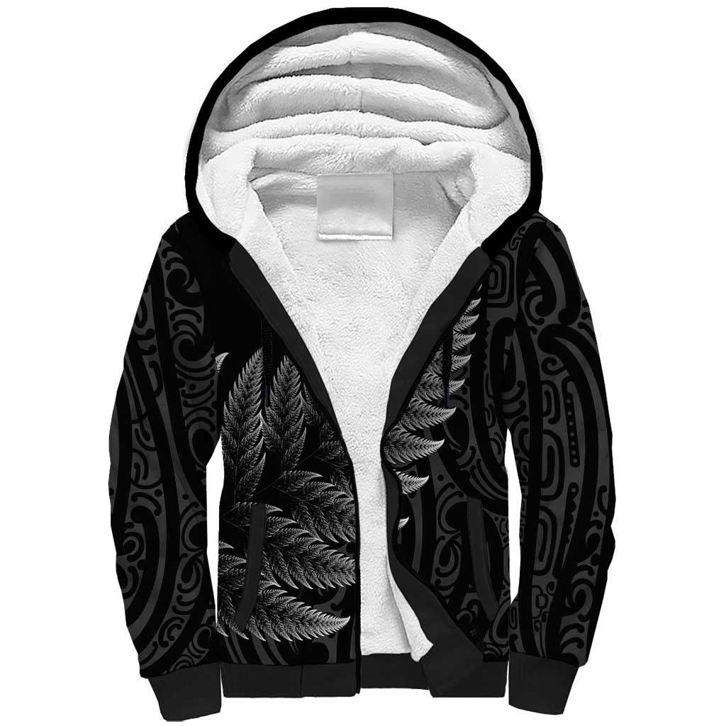 New Zealand Te Reo Mori Sherpa Hoodie Simple Black Fern LT9 Unisex Black - Polynesian Pride