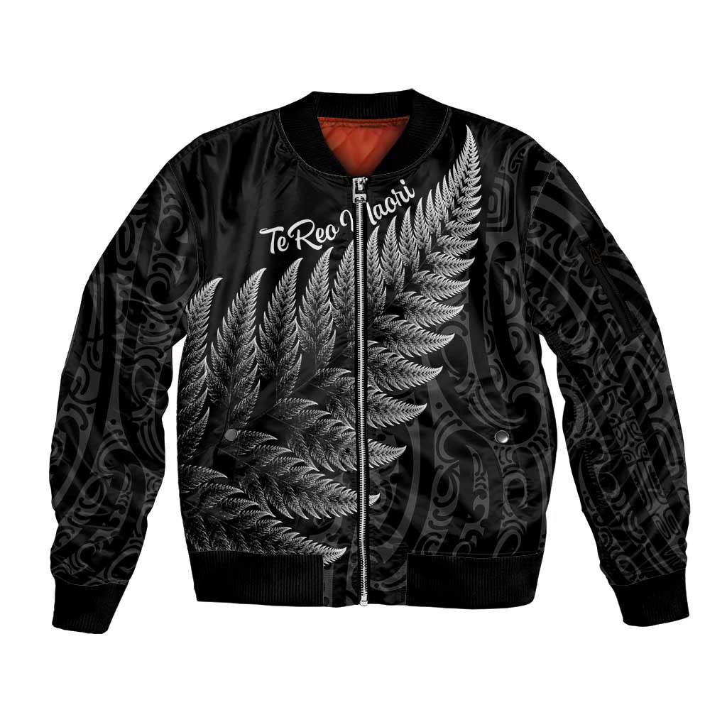 New Zealand Te Reo Mori Sleeve Zip Bomber Jacket Simple Black Fern LT9 Unisex Black - Polynesian Pride