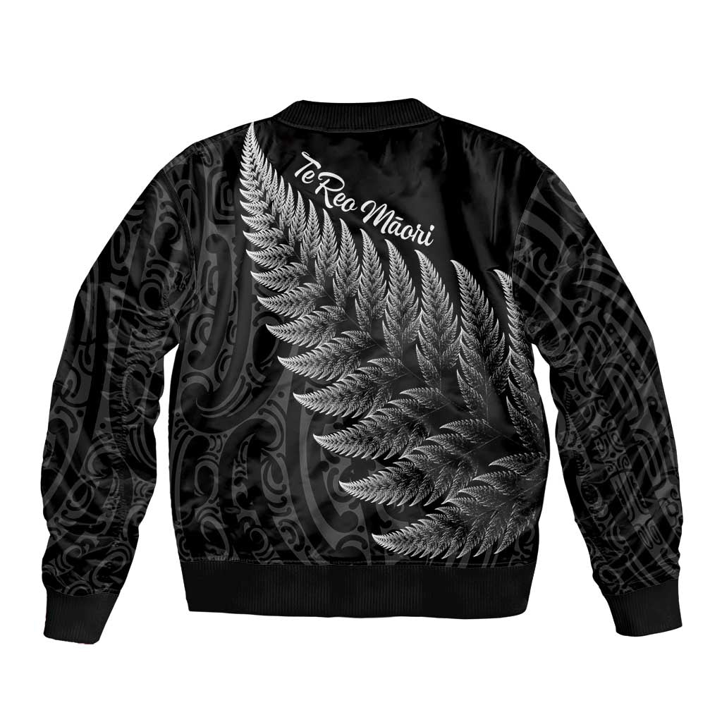 New Zealand Te Reo Mori Sleeve Zip Bomber Jacket Simple Black Fern LT9 - Polynesian Pride