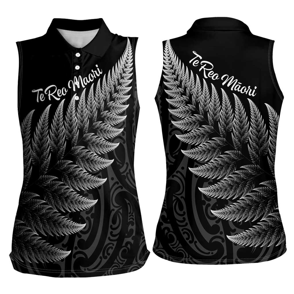 New Zealand Te Reo Māori Women Sleeveless Polo Shirt Simple Black Fern