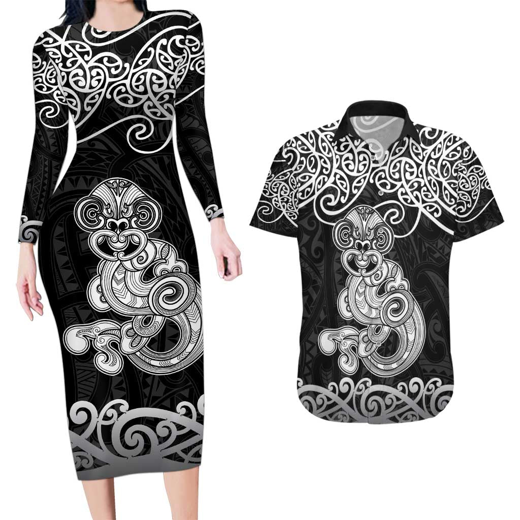Te Reo Maori Tiki Inspired Art Couples Matching Long Sleeve Bodycon Dress and Hawaiian Shirt LT9 Black - Polynesian Pride