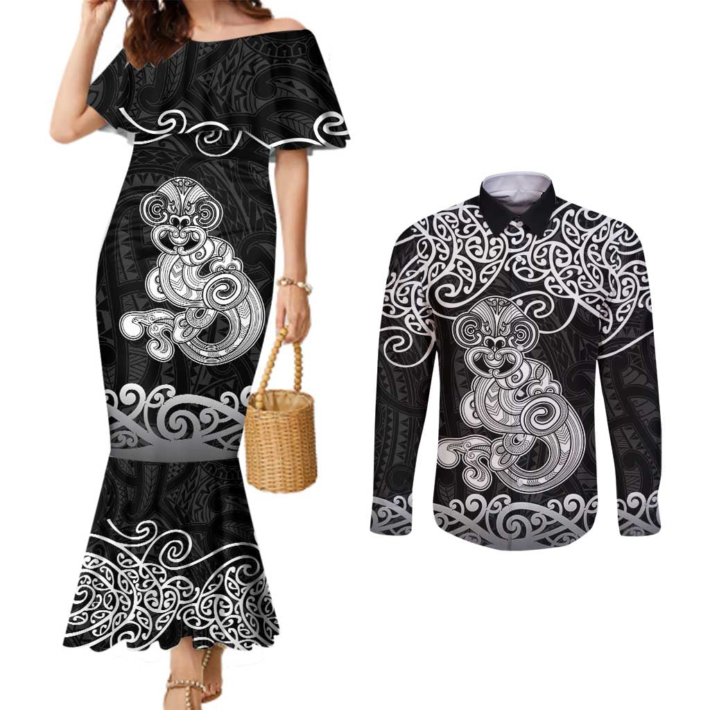 Te Reo Maori Tiki Inspired Art Couples Matching Mermaid Dress and Long Sleeve Button Shirt LT9 Black - Polynesian Pride