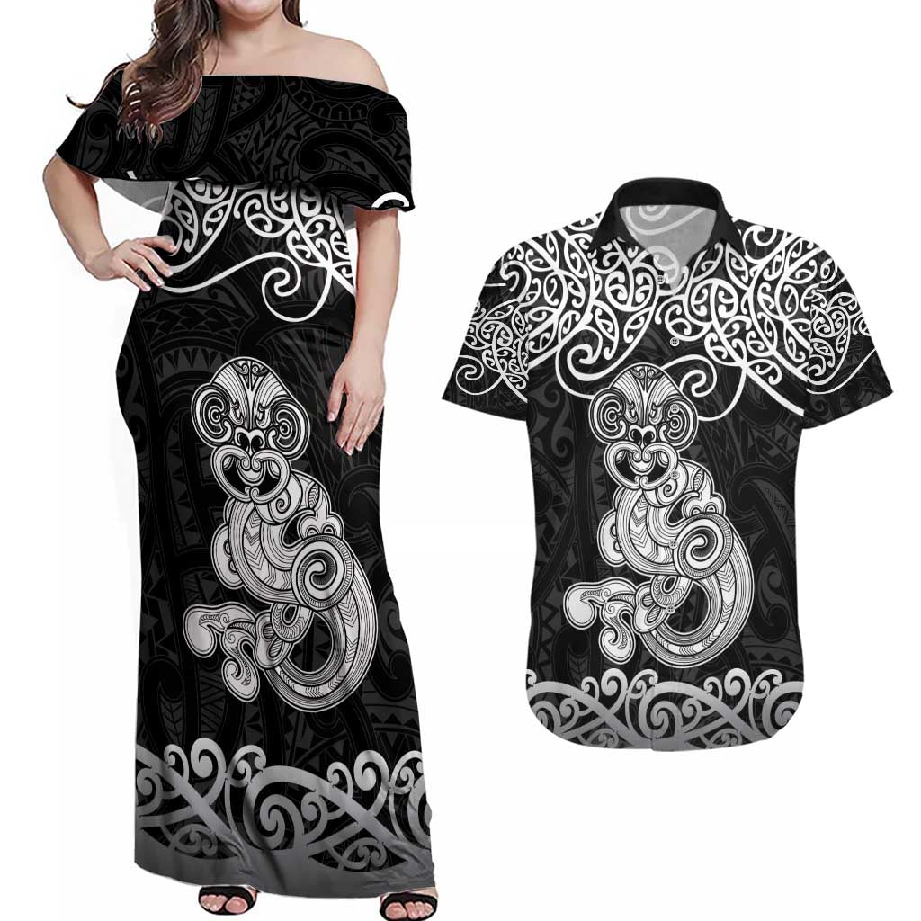 Te Reo Maori Tiki Inspired Art Couples Matching Off Shoulder Maxi Dress and Hawaiian Shirt