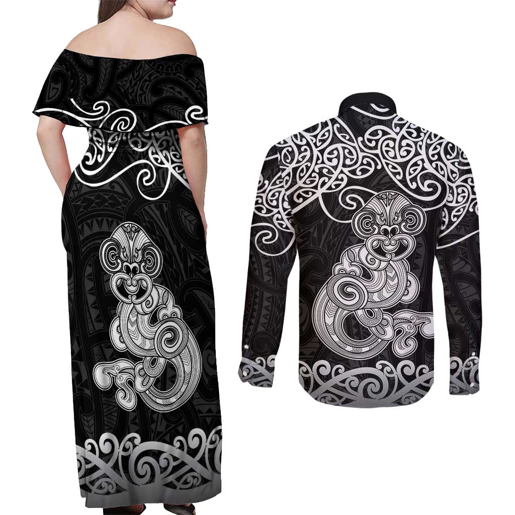 Te Reo Maori Tiki Inspired Art Couples Matching Off Shoulder Maxi Dress and Long Sleeve Button Shirt LT9 - Polynesian Pride