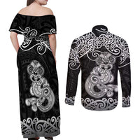 Te Reo Maori Tiki Inspired Art Couples Matching Off Shoulder Maxi Dress and Long Sleeve Button Shirt LT9 - Polynesian Pride