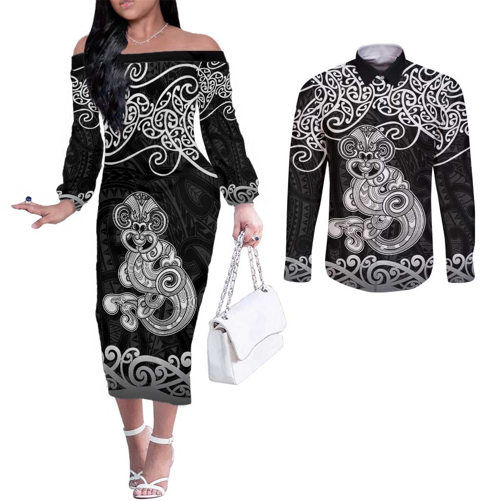 Te Reo Maori Tiki Inspired Art Couples Matching Off The Shoulder Long Sleeve Dress and Long Sleeve Button Shirt LT9 Black - Polynesian Pride