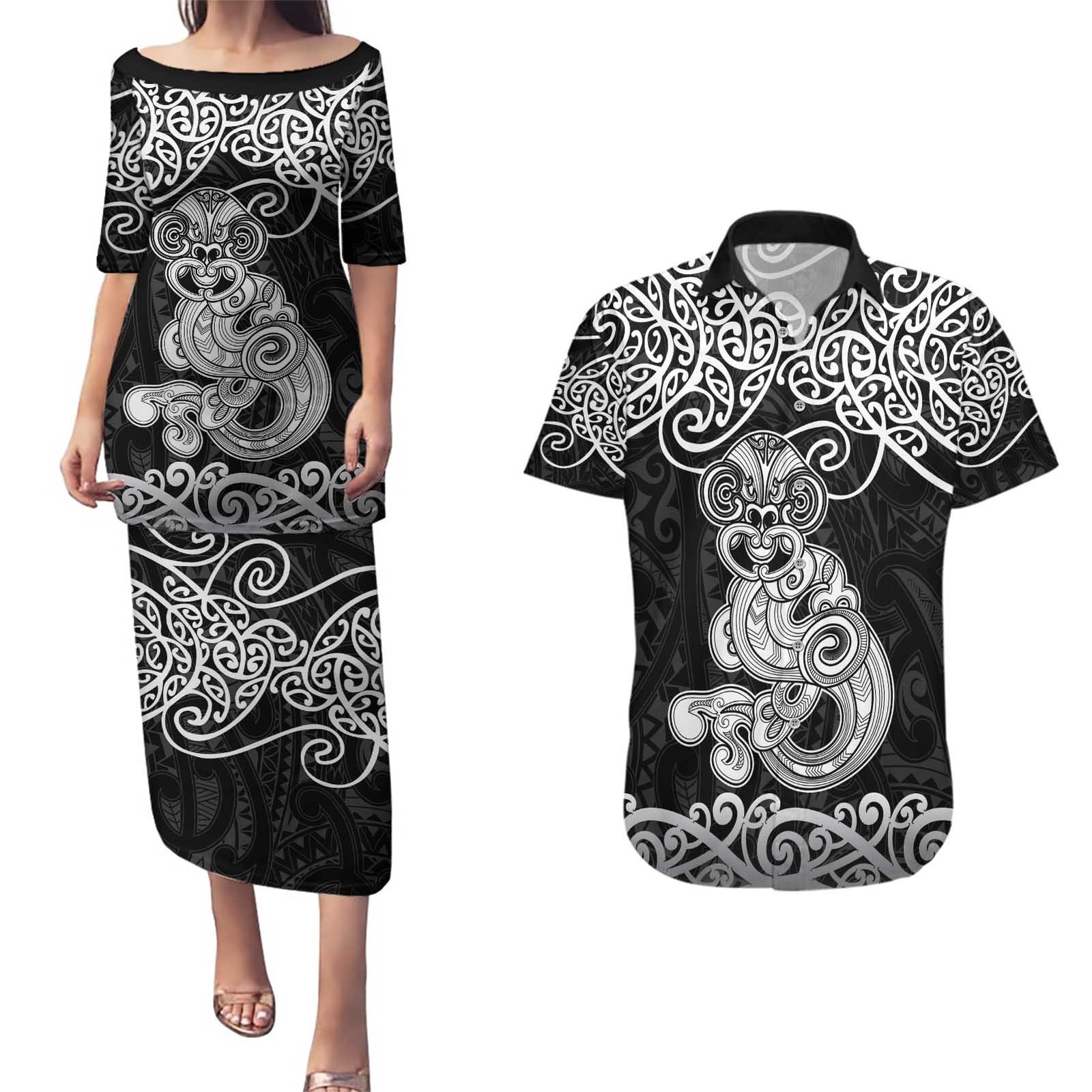 Te Reo Maori Tiki Inspired Art Couples Matching Puletasi and Hawaiian Shirt LT9 Black - Polynesian Pride