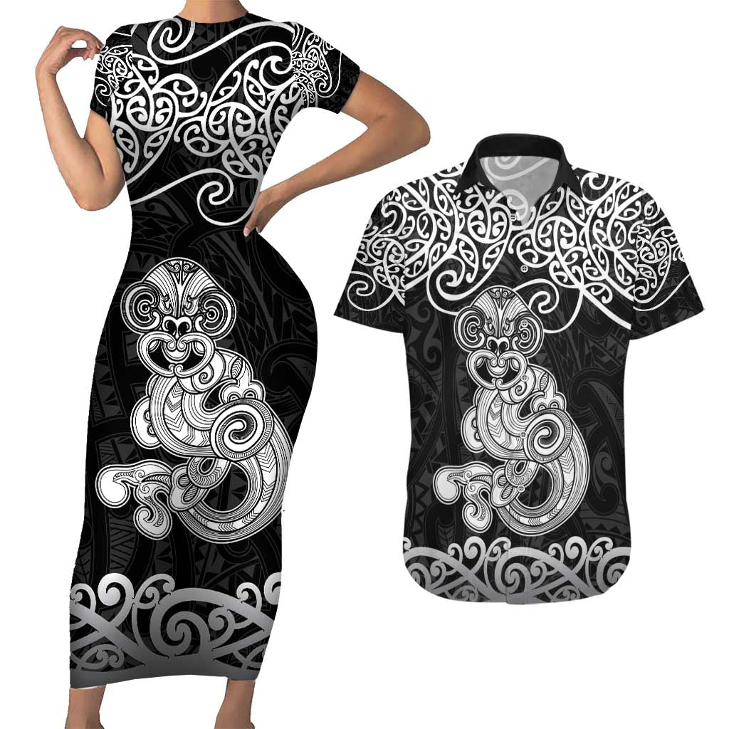 Te Reo Maori Tiki Inspired Art Couples Matching Short Sleeve Bodycon Dress and Hawaiian Shirt