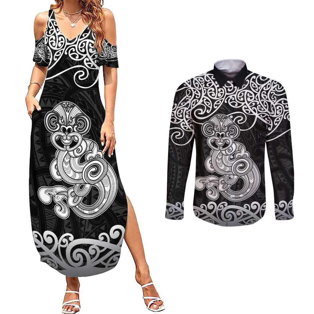 Te Reo Maori Tiki Inspired Art Couples Matching Summer Maxi Dress and Long Sleeve Button Shirt LT9 Black - Polynesian Pride