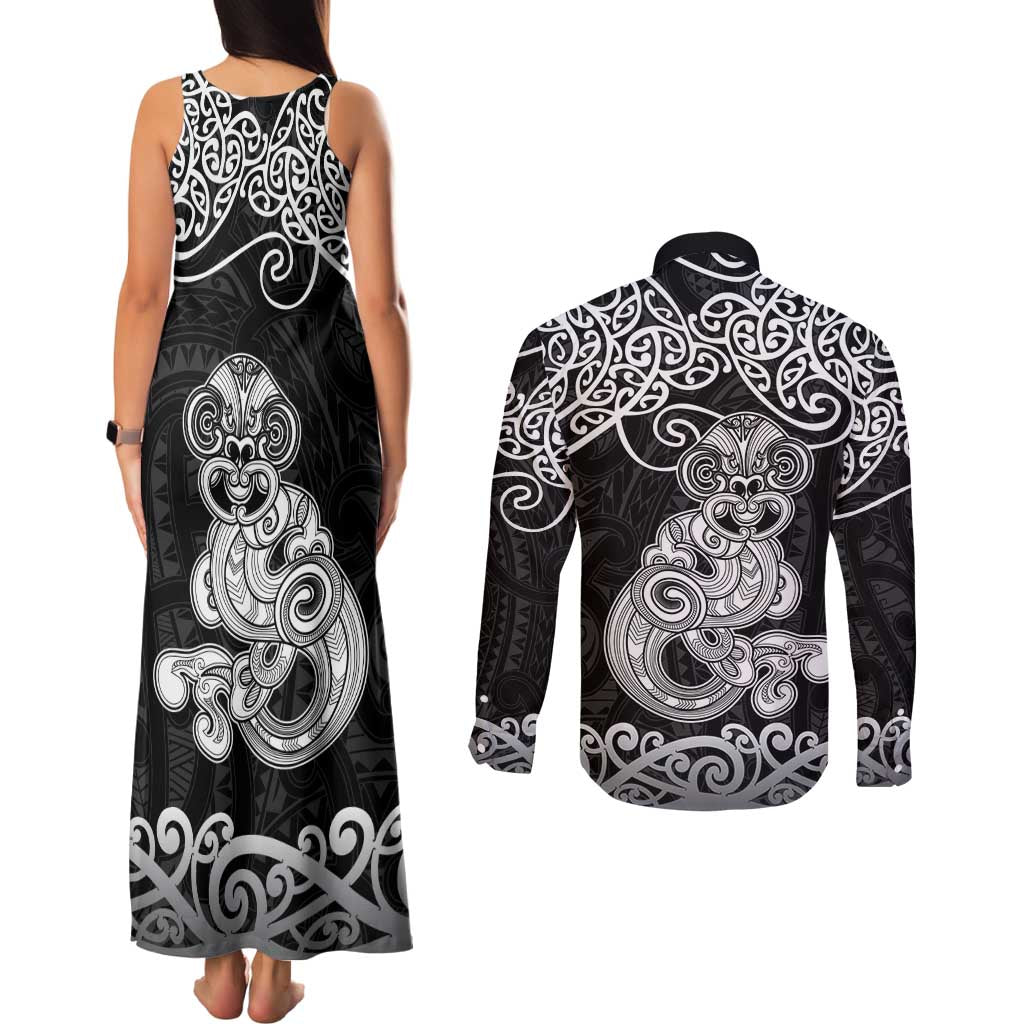 Te Reo Maori Tiki Inspired Art Couples Matching Tank Maxi Dress and Long Sleeve Button Shirt LT9 - Polynesian Pride