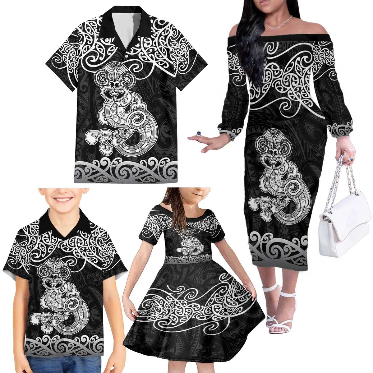 Te Reo Maori Tiki Inspired Art Family Matching Off The Shoulder Long Sleeve Dress and Hawaiian Shirt