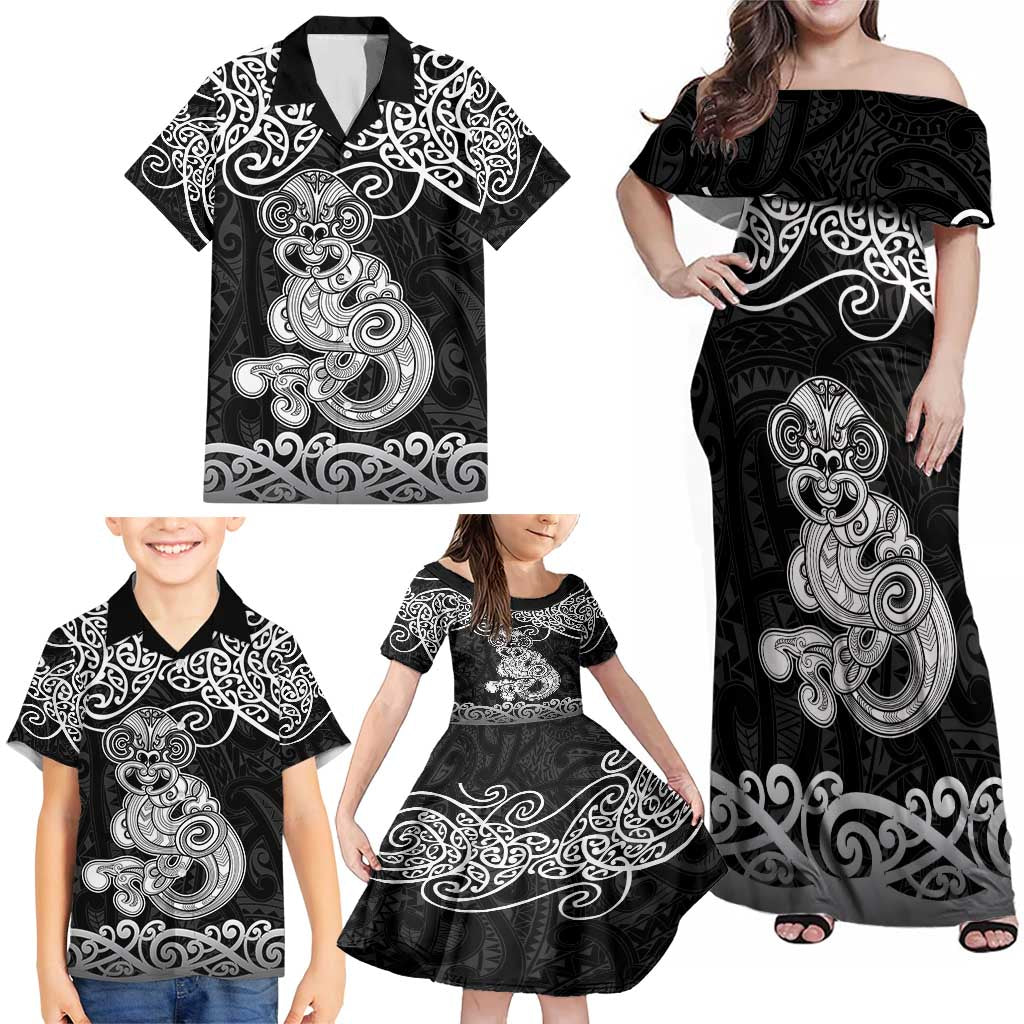 Te Reo Maori Tiki Inspired Art Family Matching Off Shoulder Maxi Dress and Hawaiian Shirt