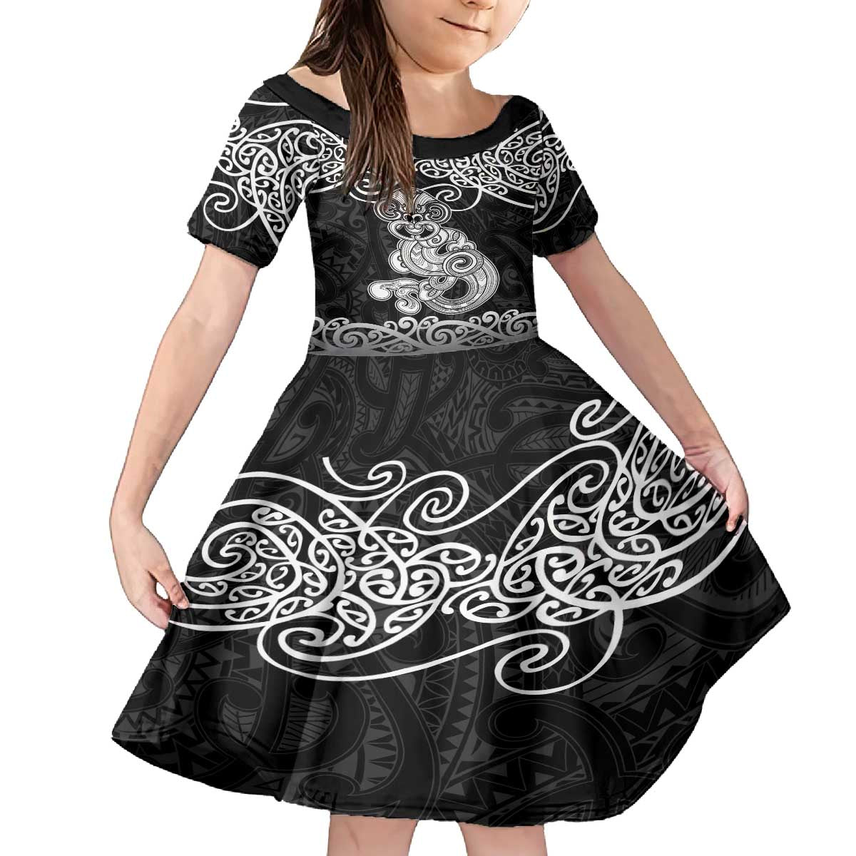 Te Reo Maori Tiki Inspired Art Family Matching Puletasi and Hawaiian Shirt LT9 Daughter's Dress Black - Polynesian Pride
