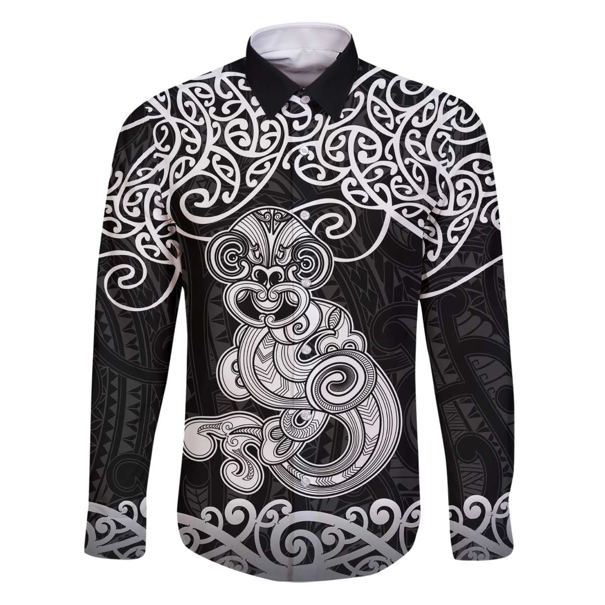 Te Reo Maori Tiki Inspired Art Family Matching Puletasi and Hawaiian Shirt LT9 Dad's Shirt - Long Sleeve Black - Polynesian Pride