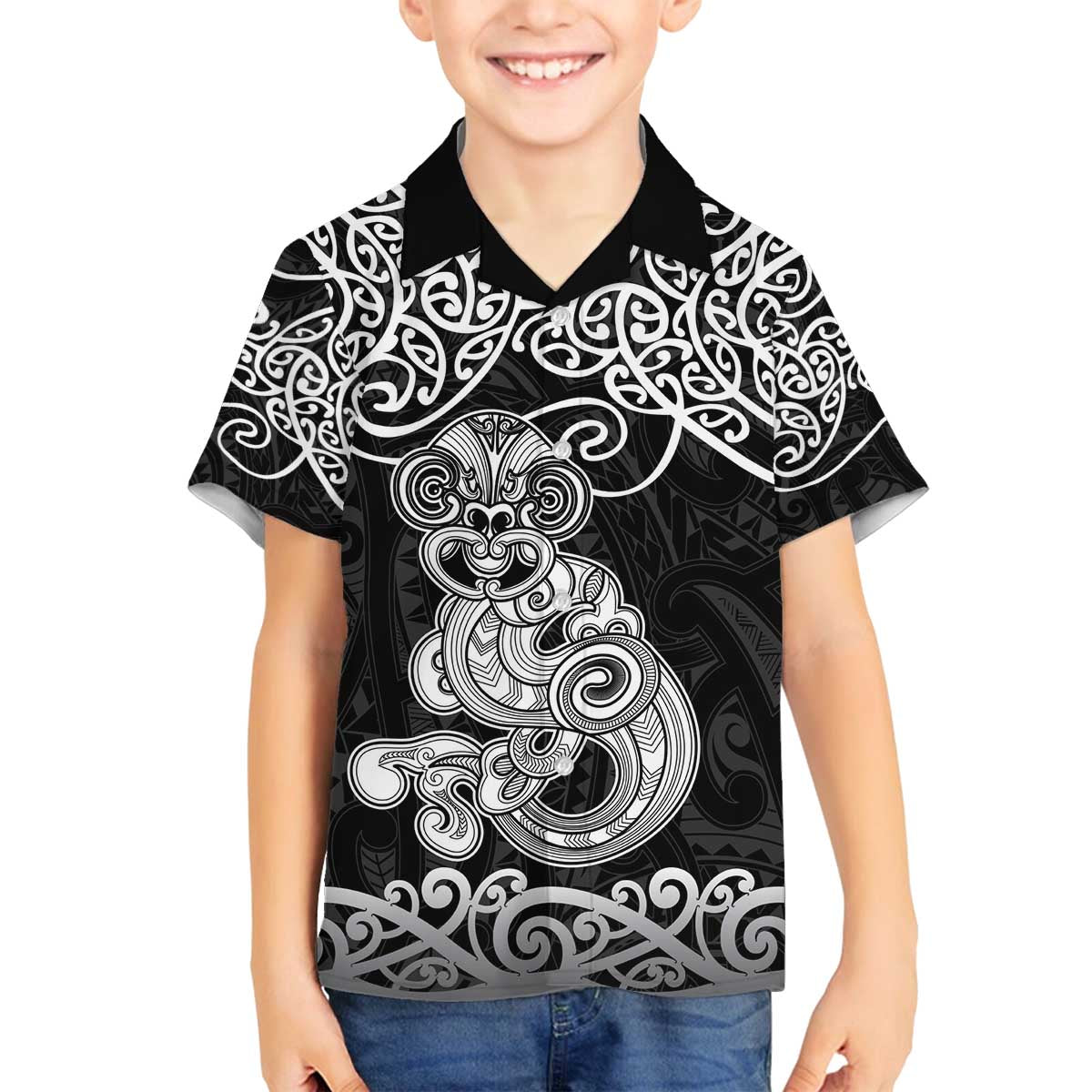 Te Reo Maori Tiki Inspired Art Family Matching Puletasi and Hawaiian Shirt LT9 Son's Shirt Black - Polynesian Pride