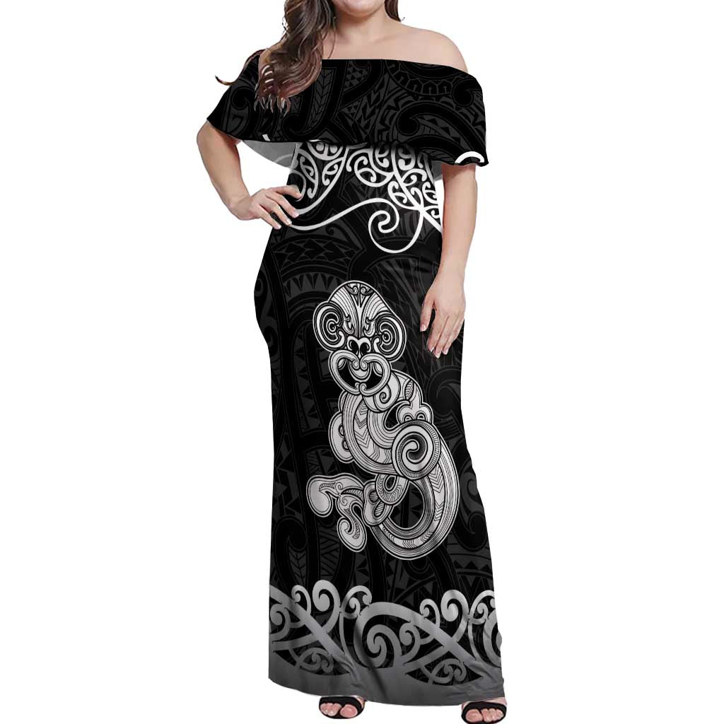 Te Reo Maori Tiki Inspired Art Off Shoulder Maxi Dress LT9 Women Black - Polynesian Pride