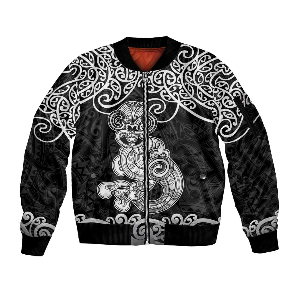 Te Reo Maori Tiki Inspired Art Sleeve Zip Bomber Jacket LT9 Unisex Black - Polynesian Pride
