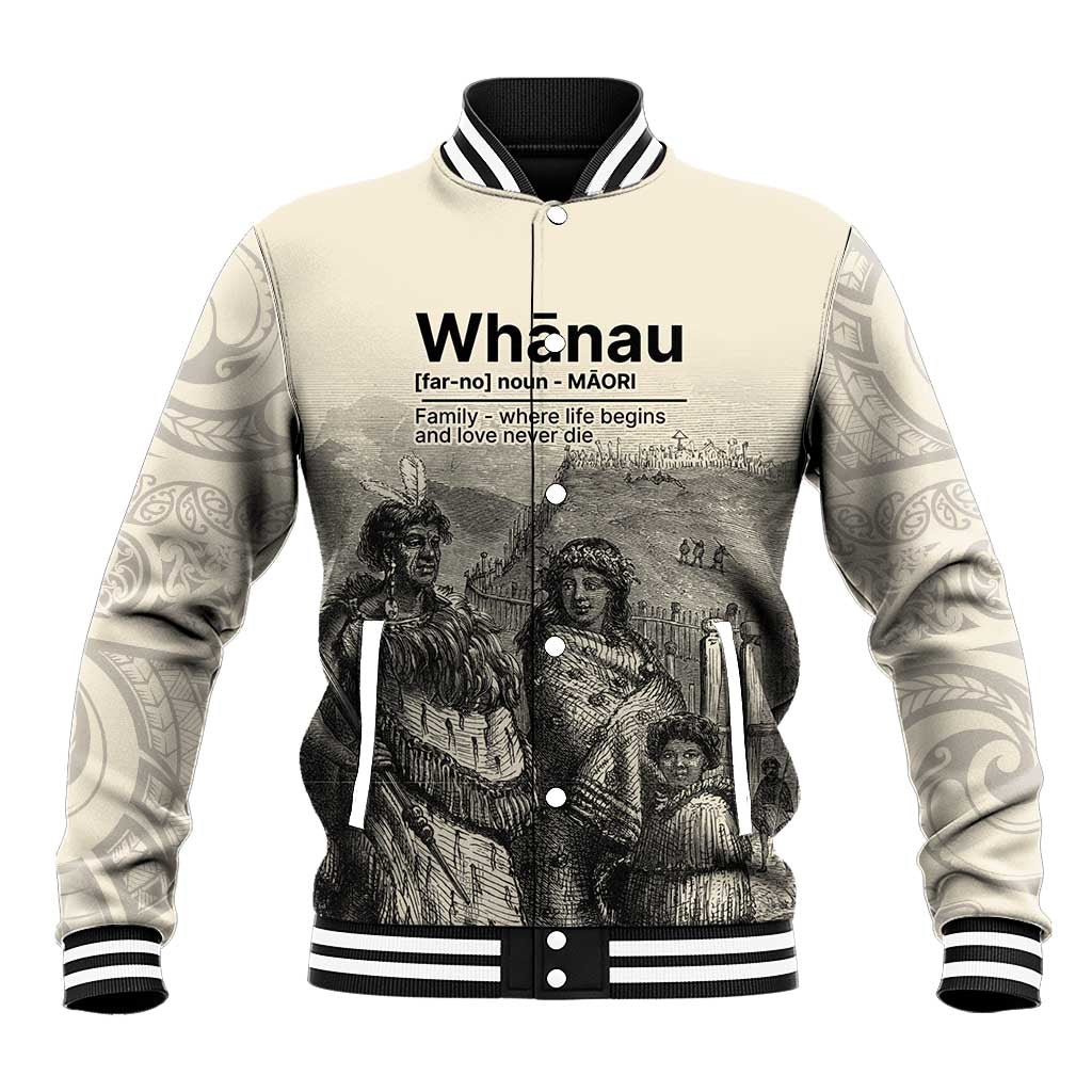 Whanau Maori Language Baseball Jacket Te Reo Maori Inspired Art LT9 Unisex Nude - Polynesian Pride