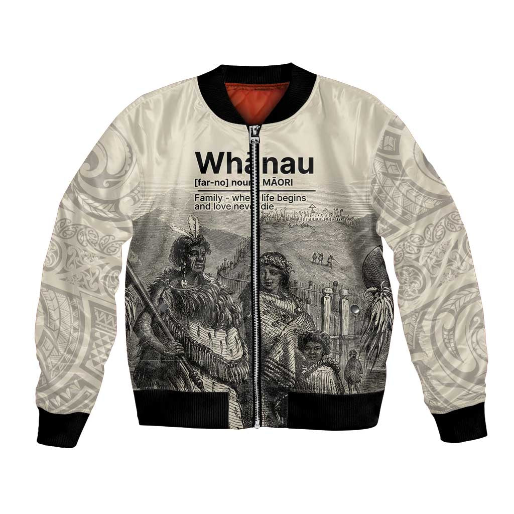 Whanau Maori Language Bomber Jacket Te Reo Maori Inspired Art LT9 Unisex Nude - Polynesian Pride