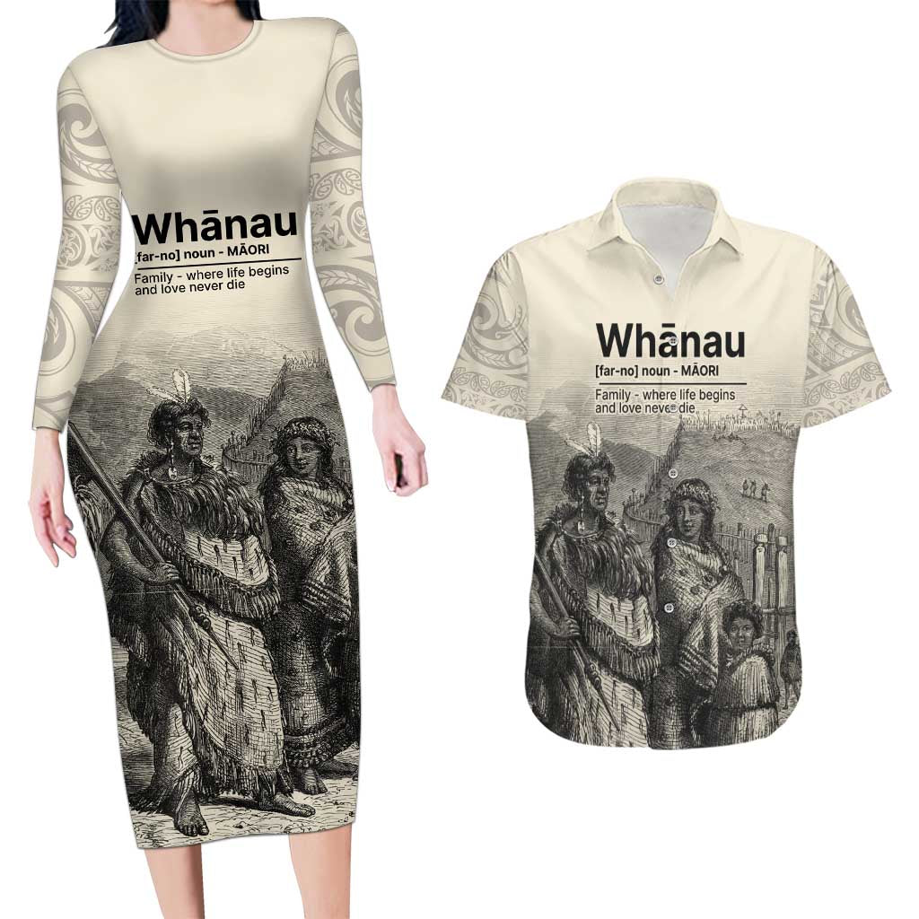 Whanau Maori Language Couples Matching Long Sleeve Bodycon Dress and Hawaiian Shirt Te Reo Maori Inspired Art