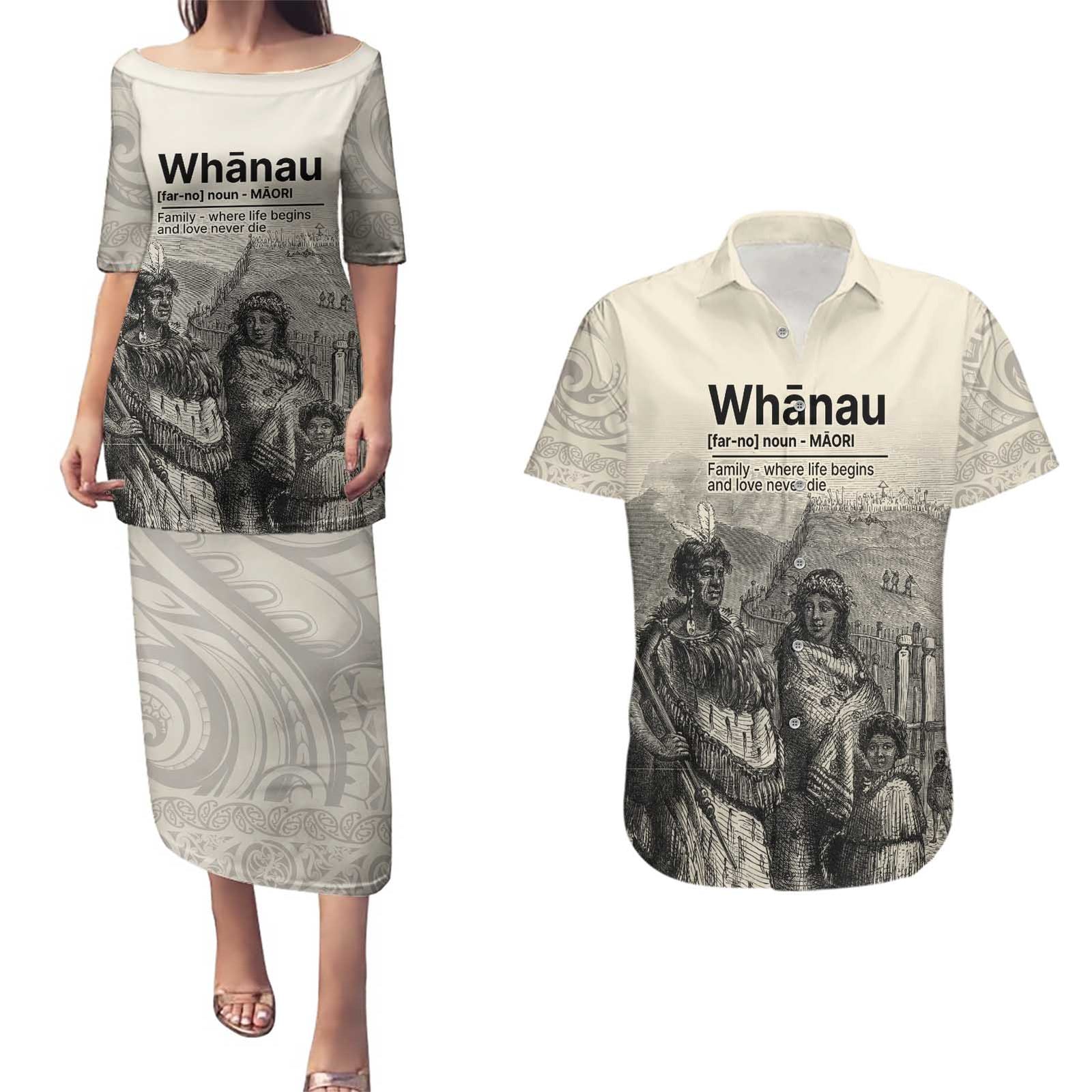 Whanau Maori Language Couples Matching Puletasi and Hawaiian Shirt Te Reo Maori Inspired Art LT9 Nude - Polynesian Pride